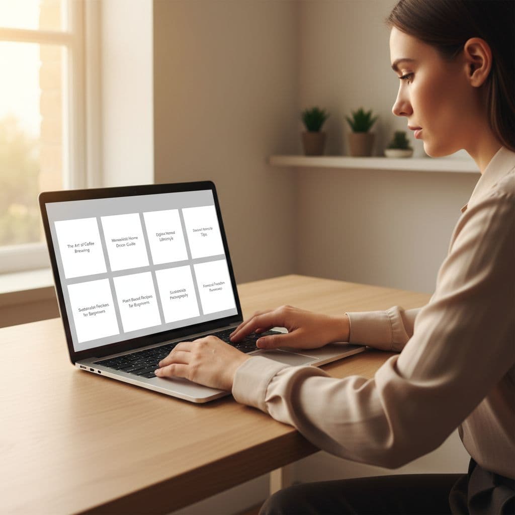 A person sits at a wooden desk viewing a list of post titles on their laptop.