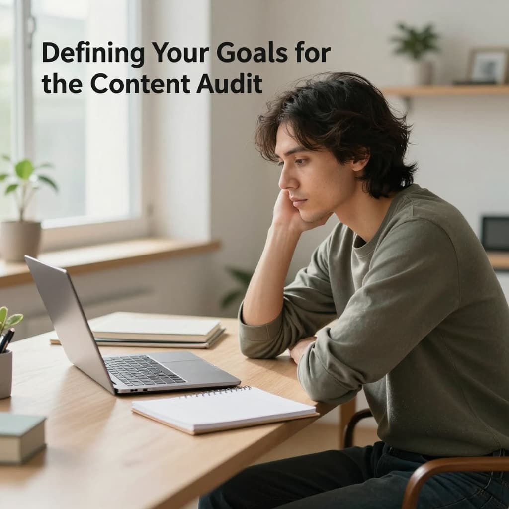 A person sits at a desk with a laptop and notebook, contemplating their content strategy.