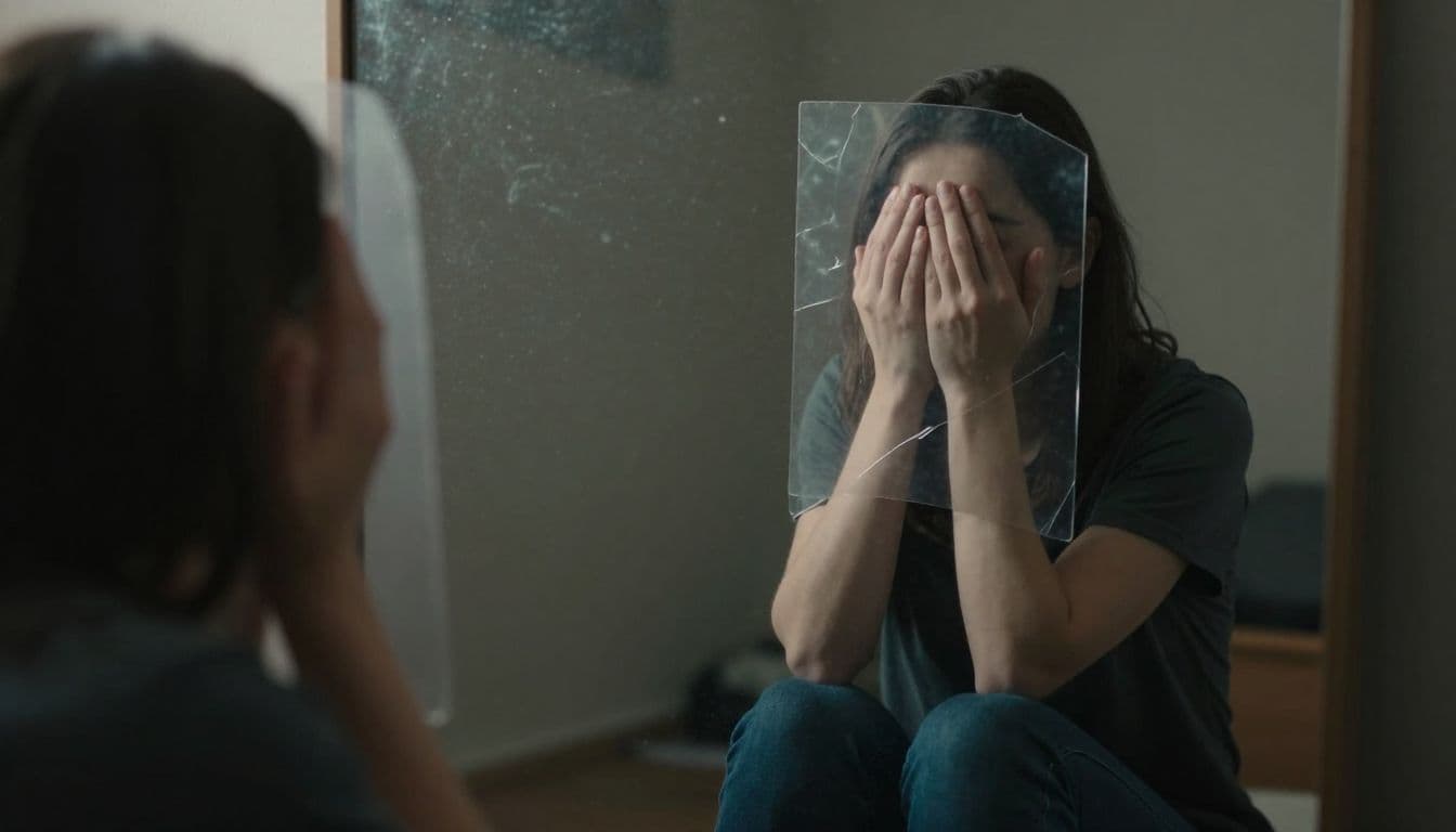 A solitary figure sits before a vanity mirror, holding a delicate, translucent glass screen to obscure their features. Deep shadows envelop the room, emphasizing a somber and emotionally guarded atmosphere.
