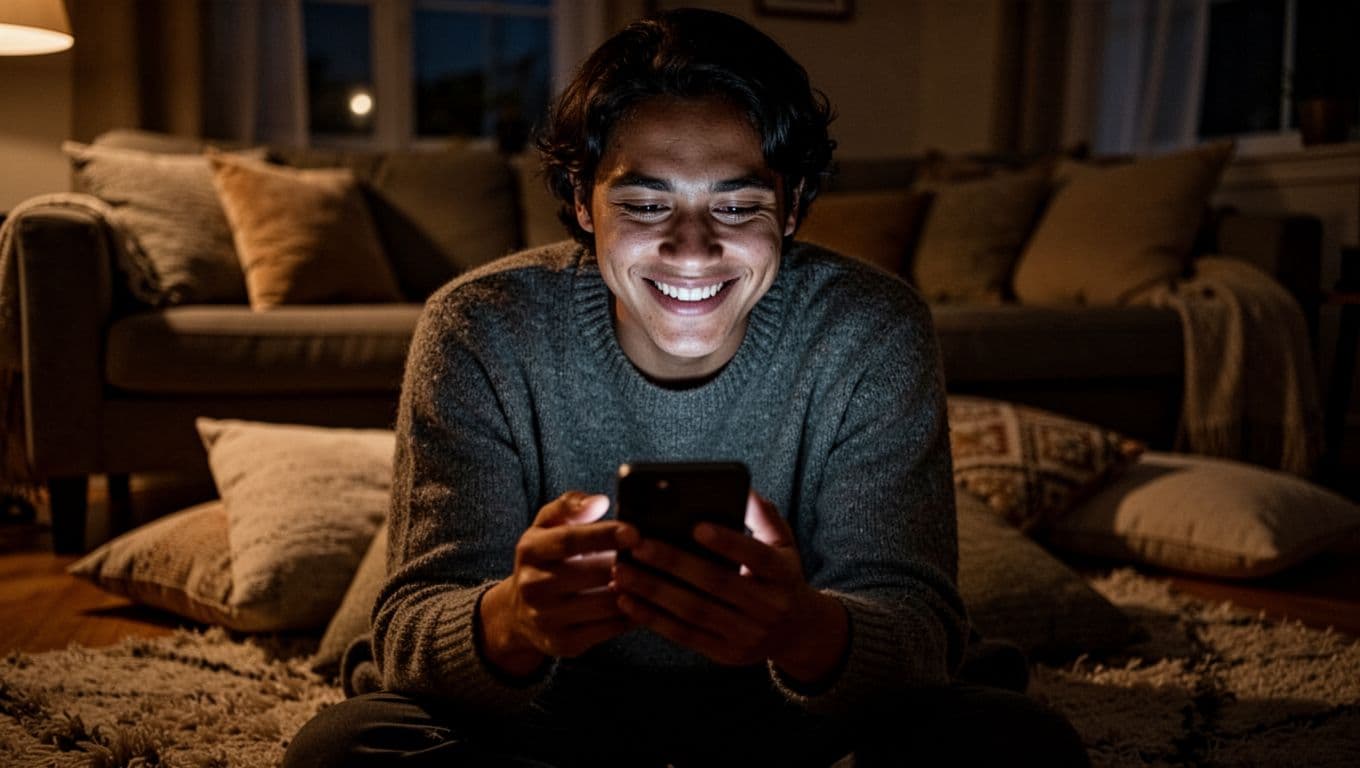 A person sits in a dimly lit living room, their face illuminated by the soft glow of a mobile device screen. They share a warm, genuine smile while viewing a message.