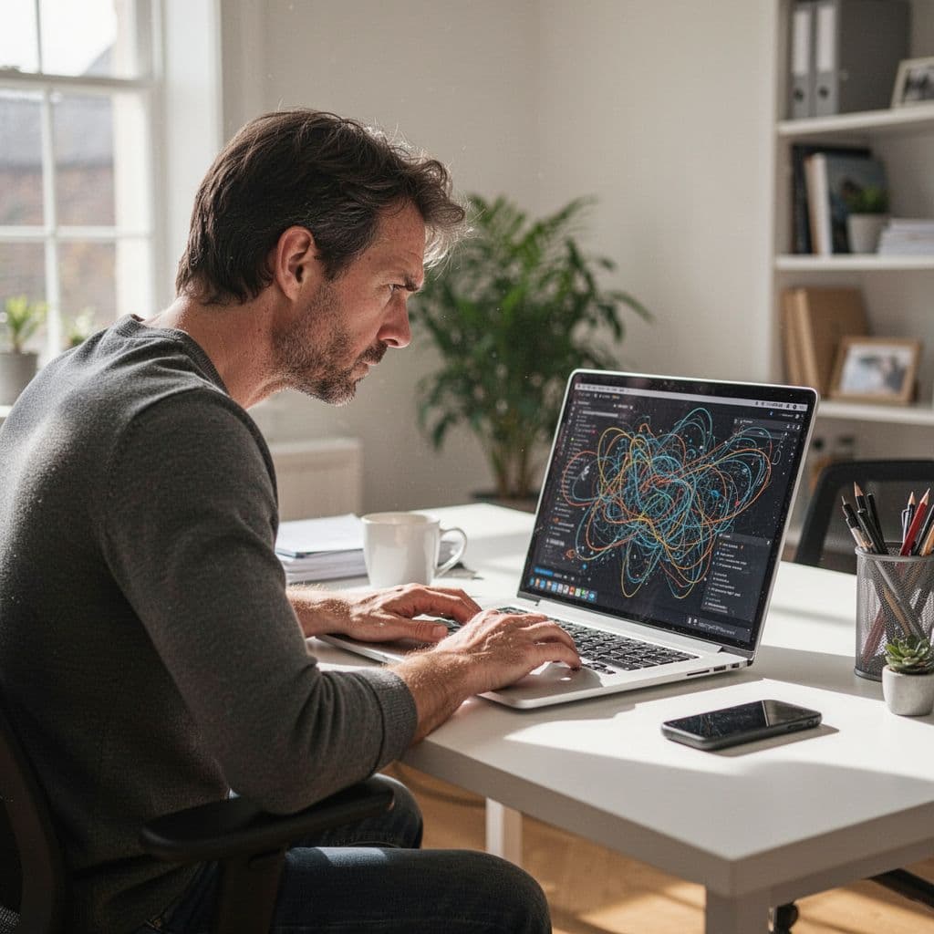 A person sits at a desk looking frustrated while staring at a complex and disorganized laptop screen.