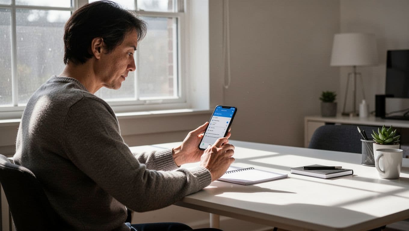 A focused individual sits in a sunlit home office, holding a smartphone to interact with a finance application. Soft shadows highlight the clean workspace setup and the relaxed environment around them.