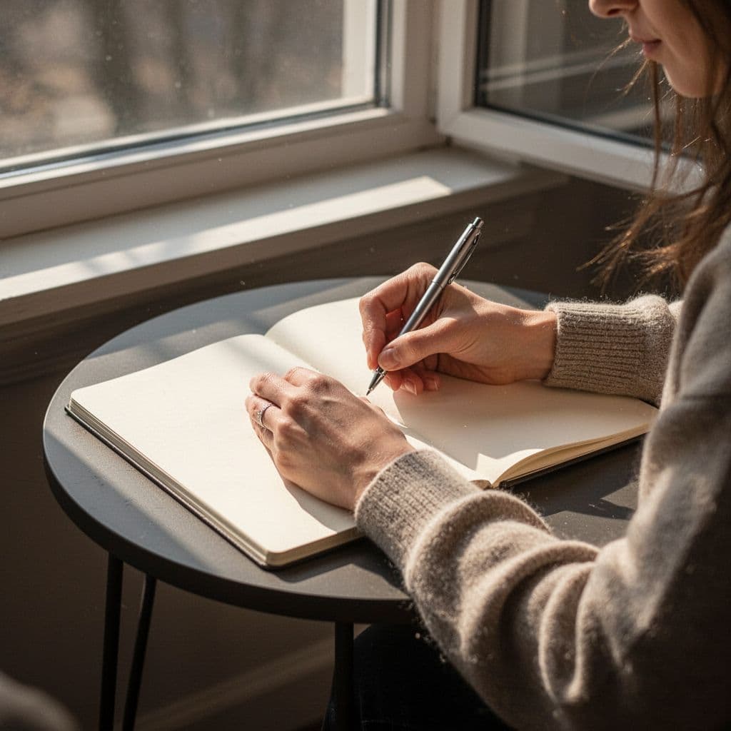 A person writes health observations in a simple notebook near a sunlit window.