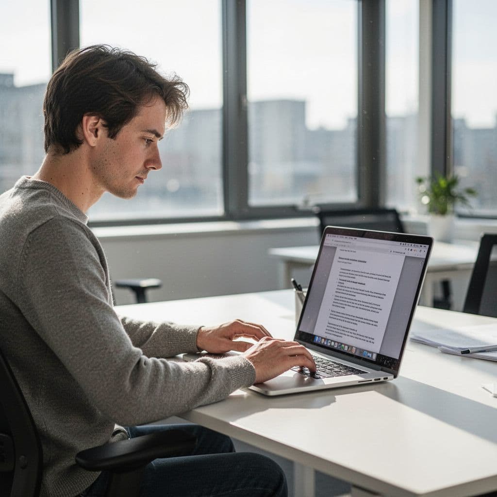 Person sits at desk in bright office, thoughtfully adjusting document on laptop screen.