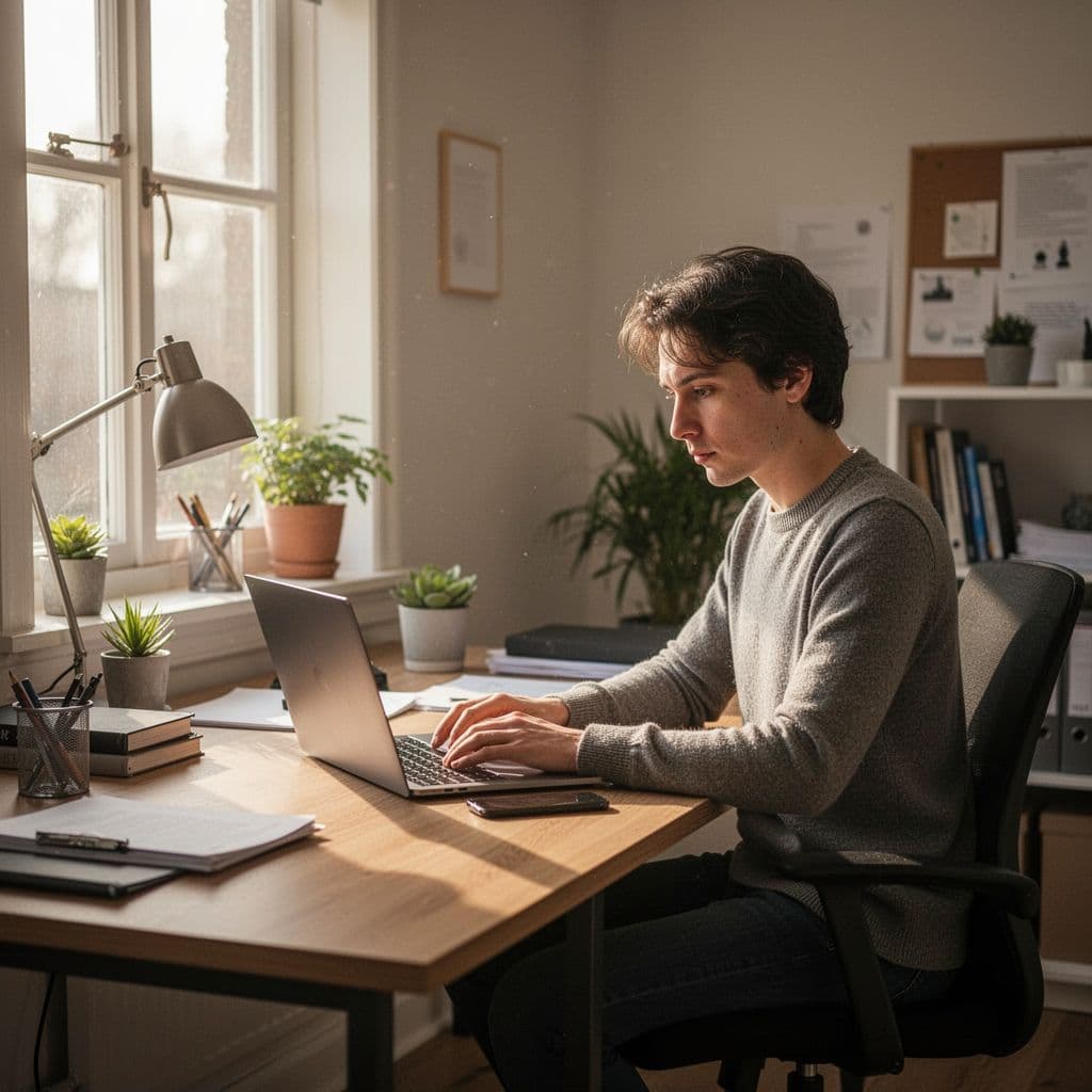 A person works on a laptop in a brightly lit home office.