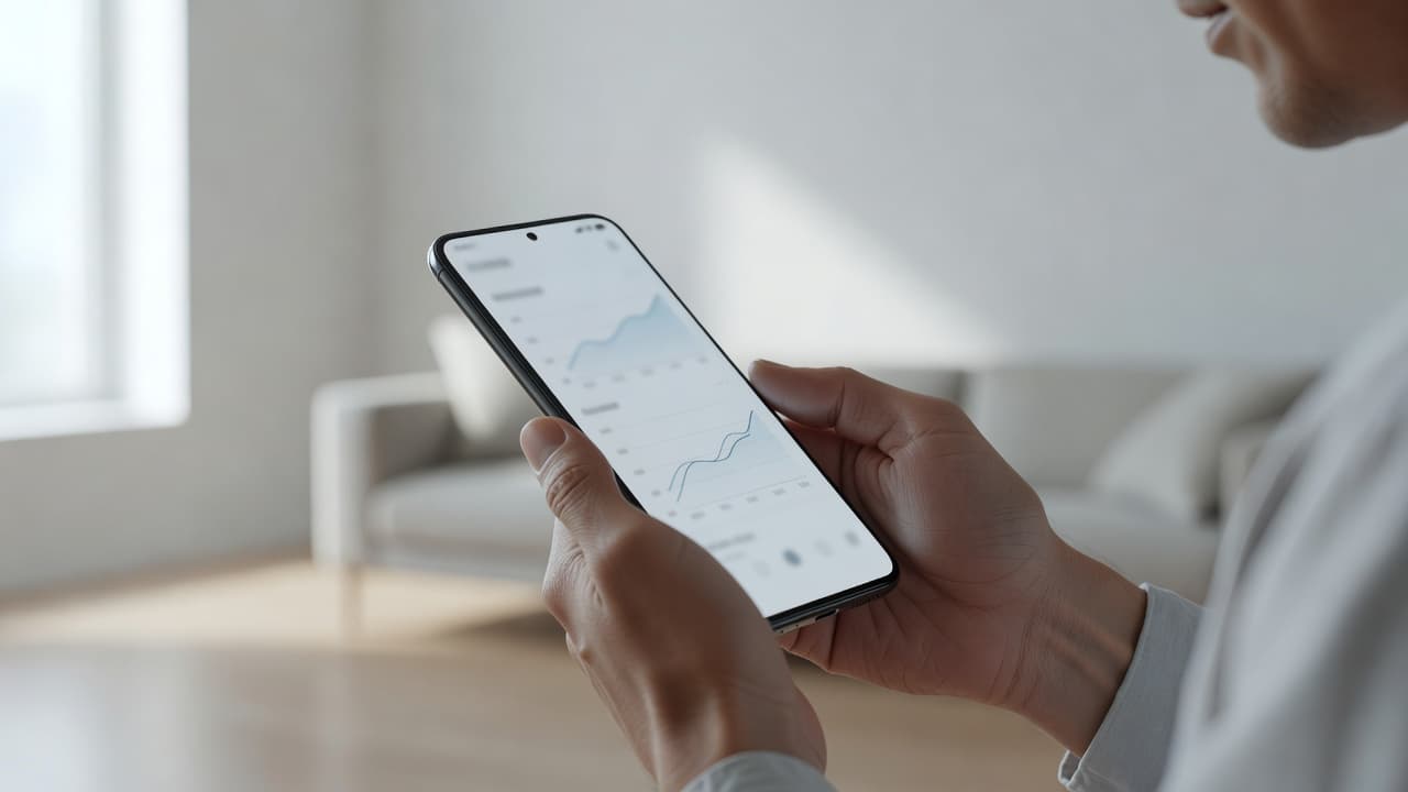 A close-up view of hands holding a sleek smartphone in a sunlit minimalist home. The mobile screen displays glowing abstract data charts while soft natural light creates a calm atmosphere.