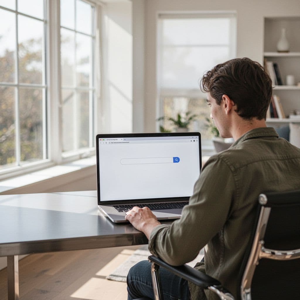 A person sits at a modern desk while looking at a laptop with a blank search interface.