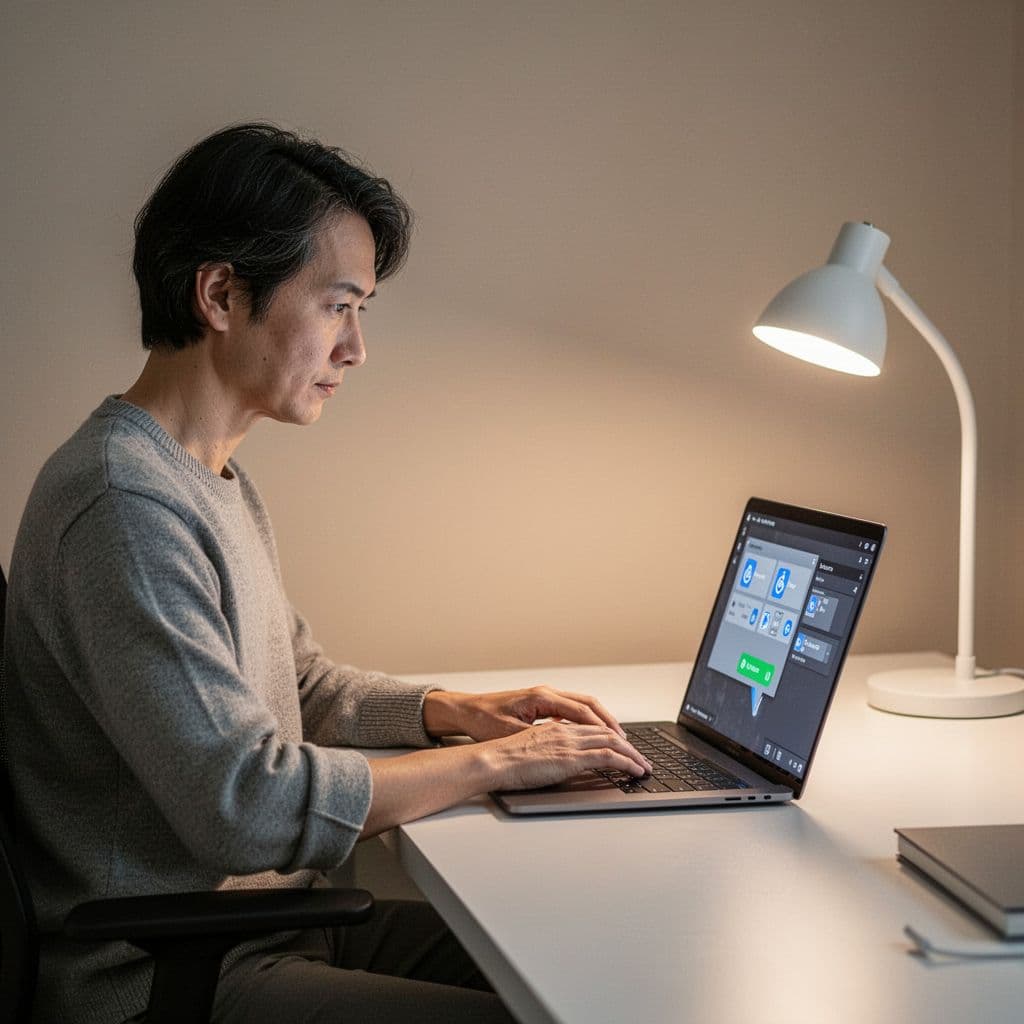 A person sits at a clean, bright workspace while using a laptop to navigate web content.