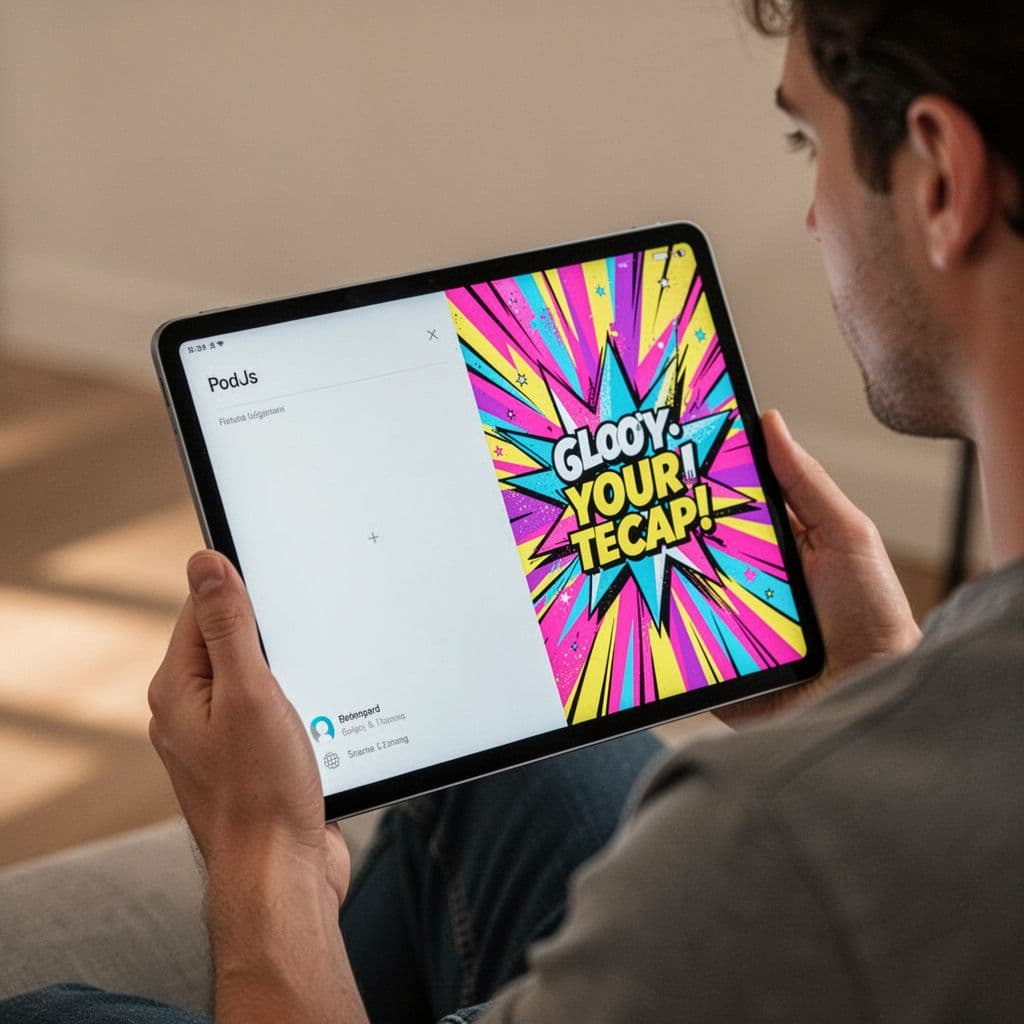 Close-up of one person gazing at tablet screen displaying plain text title beside exciting bold title.