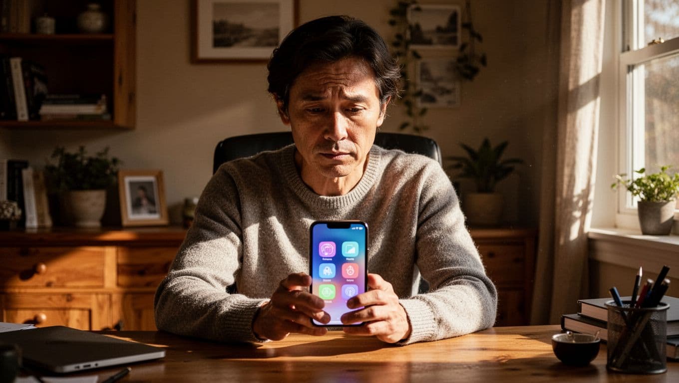 A focused individual sits in a warm home office, holding a blank smartphone screen. Dramatic natural sunlight highlights their thoughtful facial expression while casting deep shadows across the desk and books.