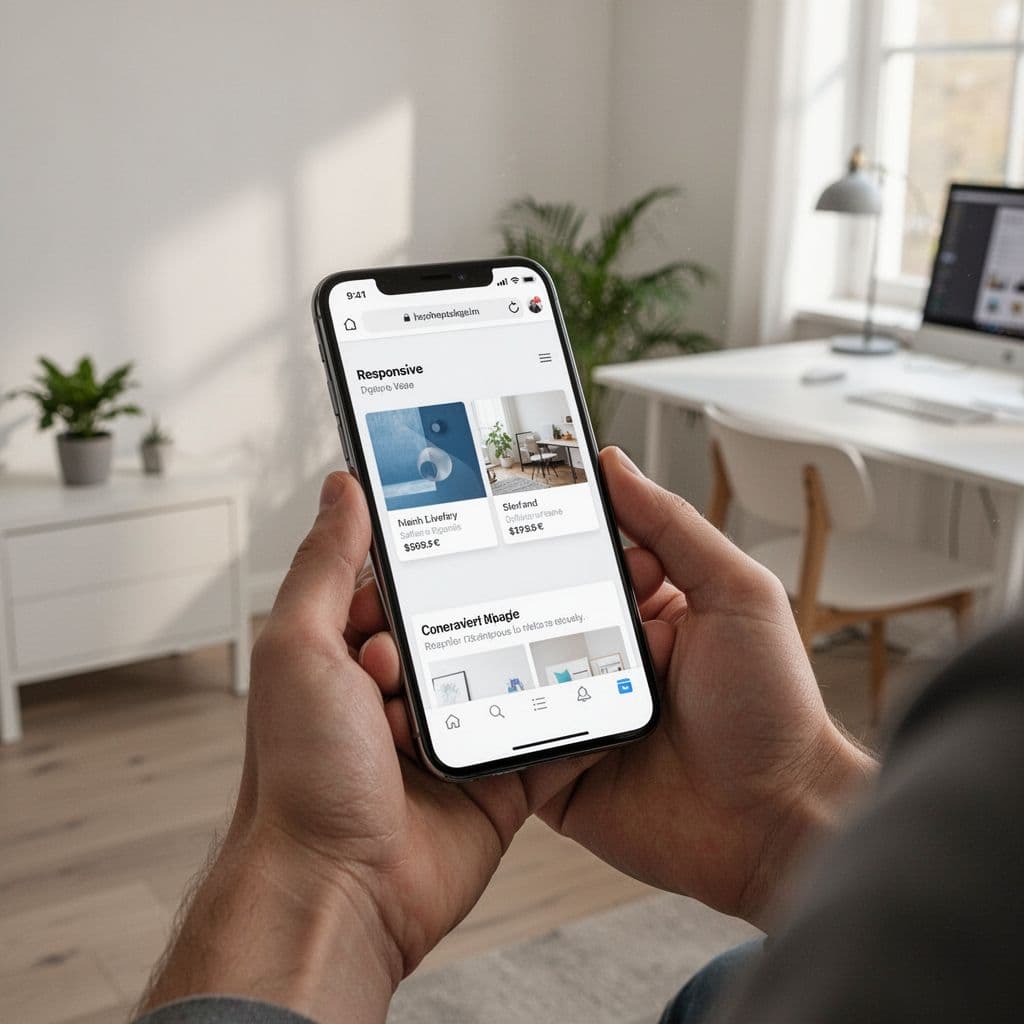 A person holds a smartphone displaying a clean website layout in a sunlit home office.