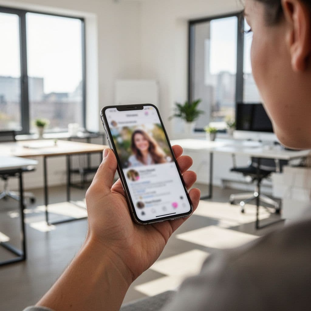 A person holds a smartphone displaying a blurred Pinterest profile page within a modern office setting.