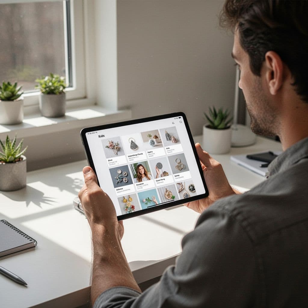 A person holds a tablet displaying a clear grid of Pinterest search results in a home office.