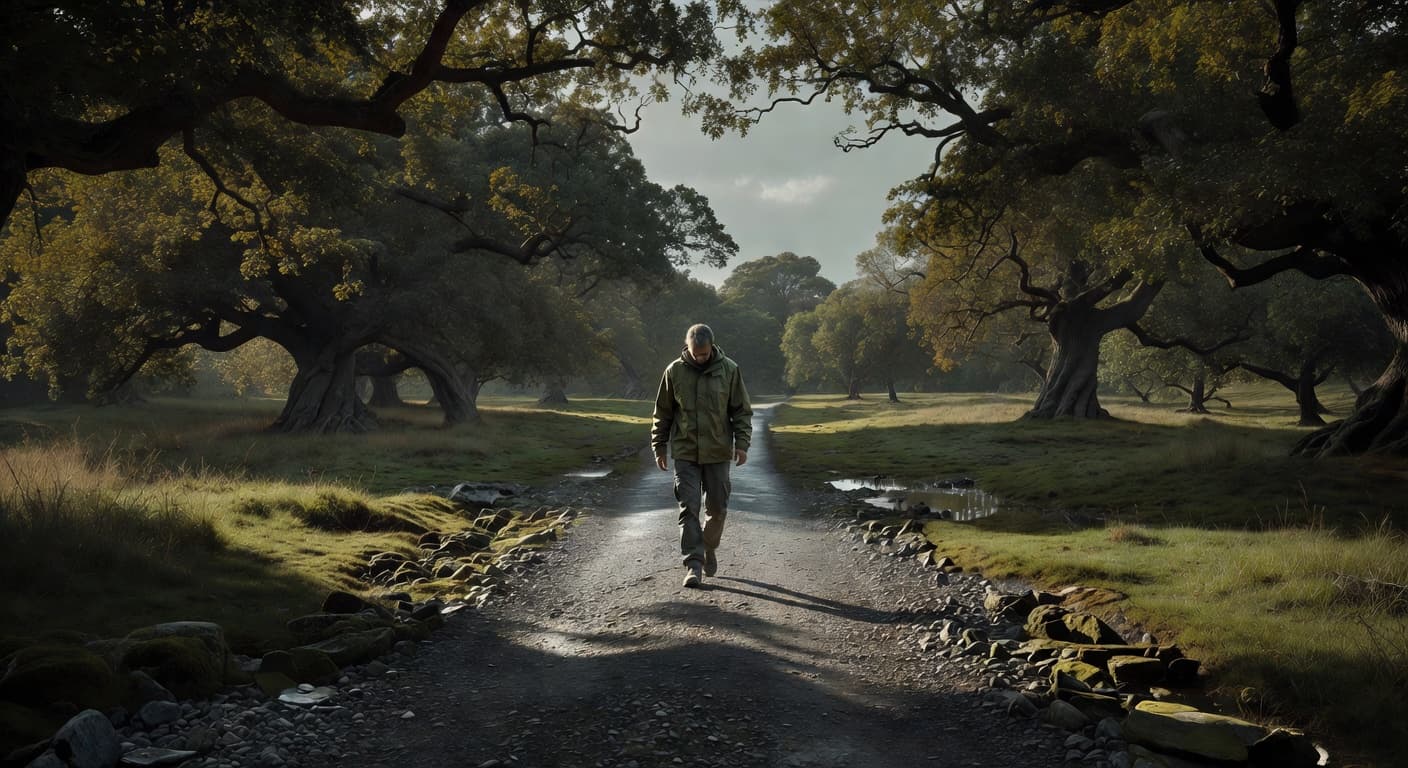 A solitary individual walks along a paved winding trail through a lush green park during a cloudy afternoon. Soft, diffused daylight highlights the surrounding trees and the calm outdoor scenery.