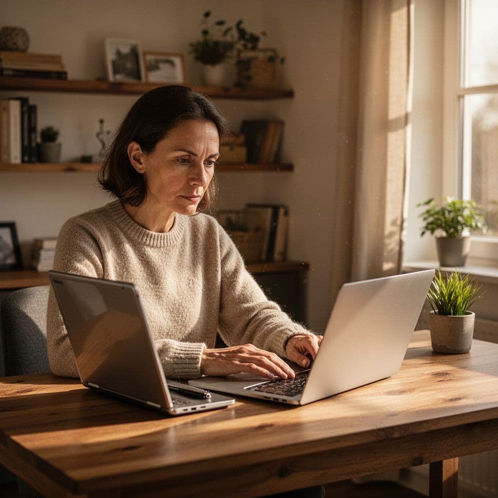 A person sits at a desk with a laptop in a sunlit home office.