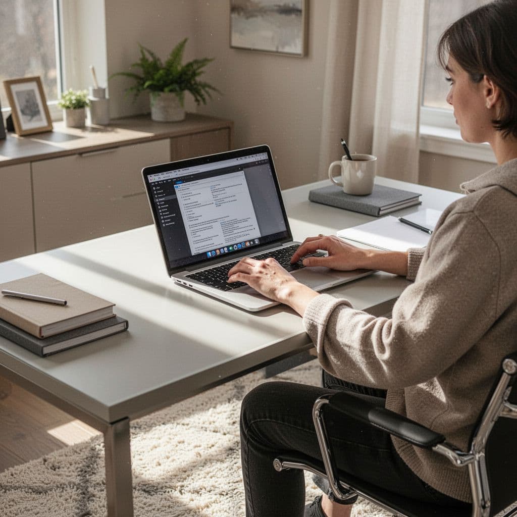 A person sits at a desk with an open laptop in a bright and organized home office.