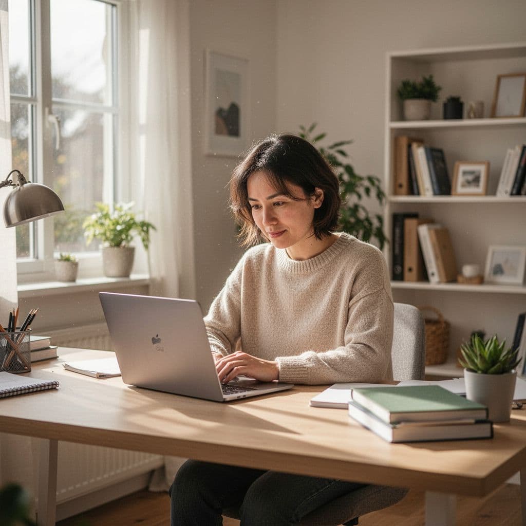 A focused person works on a laptop in a bright and organized home workspace.