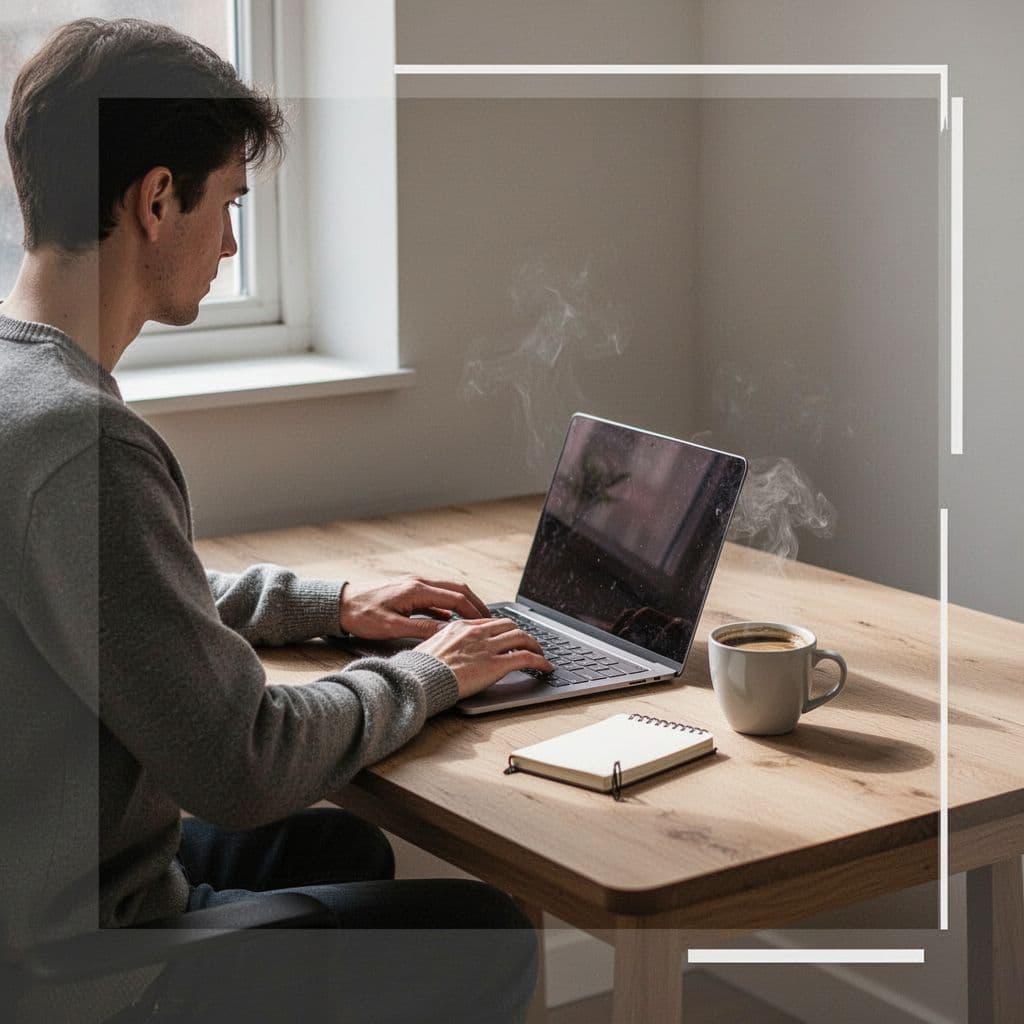 A person sits at a wooden desk with a laptop and coffee in a sunlit workspace.