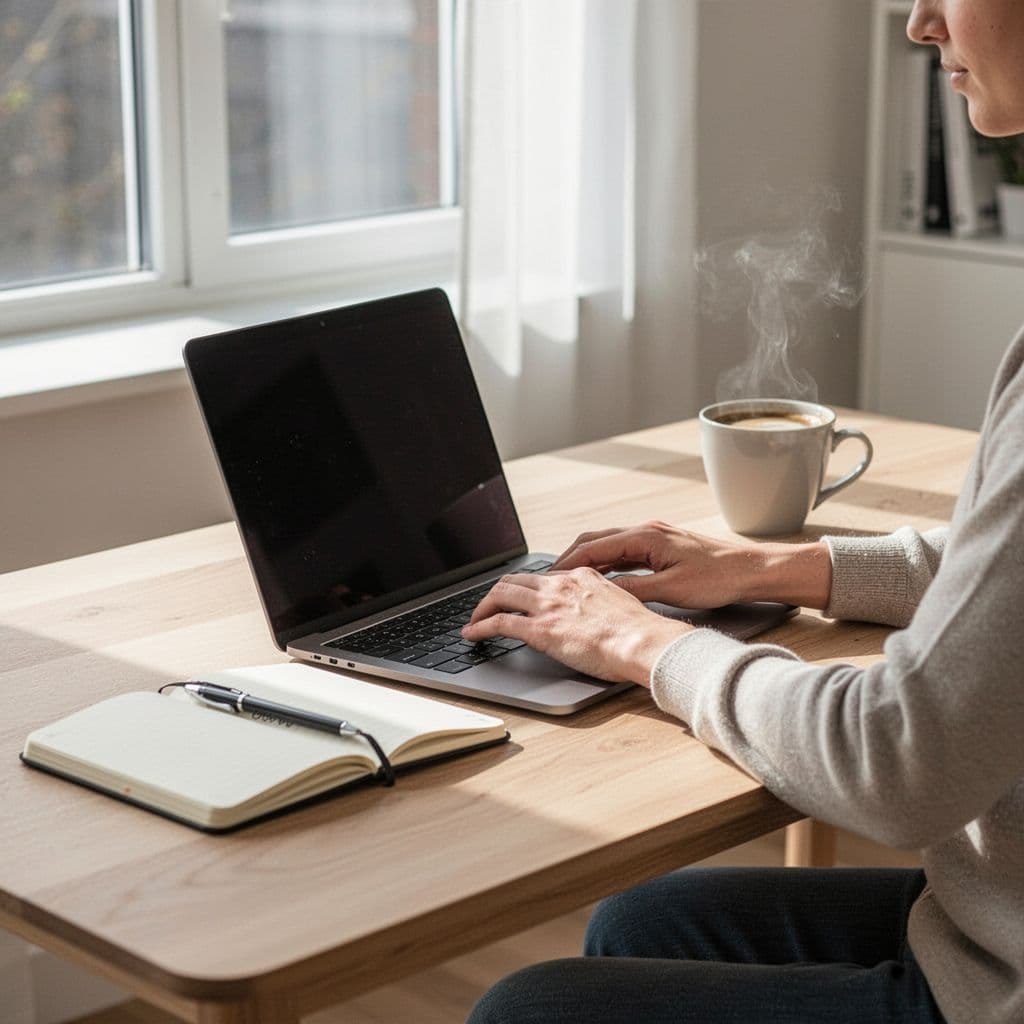 A focused person types on a laptop at a bright, minimalist home office desk with coffee.