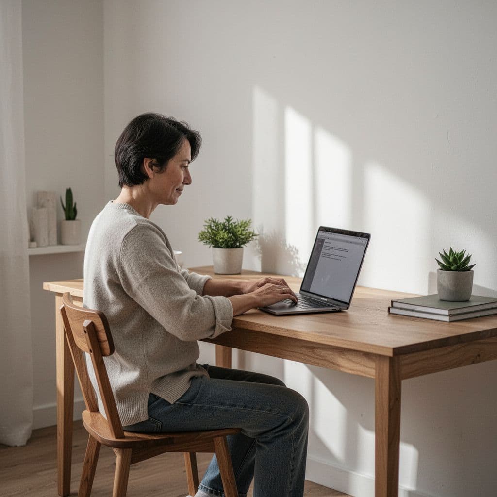 A person sits at a simple wooden table working on a laptop in a quiet, sunlit home office.