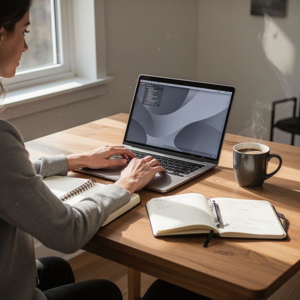 A person writes on a laptop at a clean wooden desk with a notebook and coffee nearby.