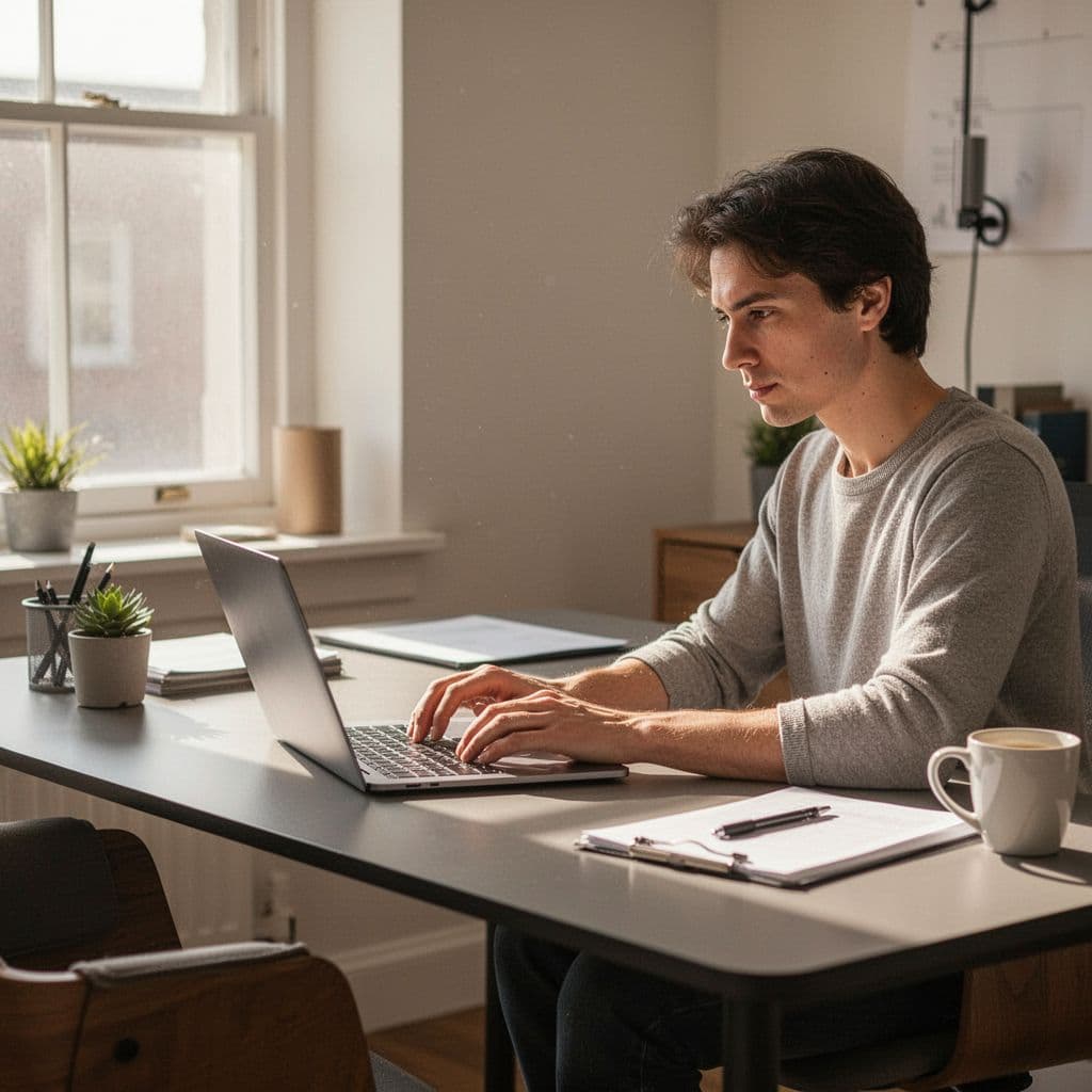 A focused person works on a laptop at a clean, modern desk with soft natural lighting.