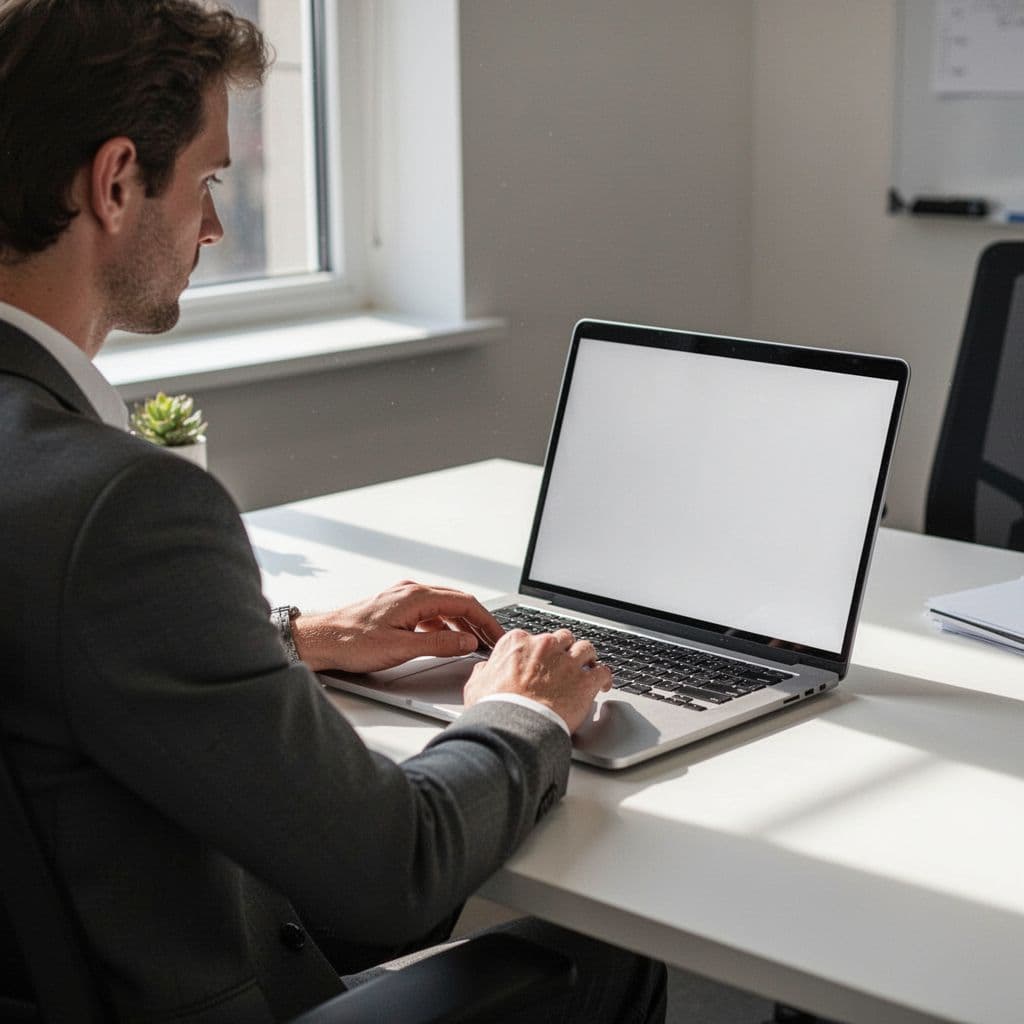 A focused person works at a desk on a laptop in a bright professional office.
