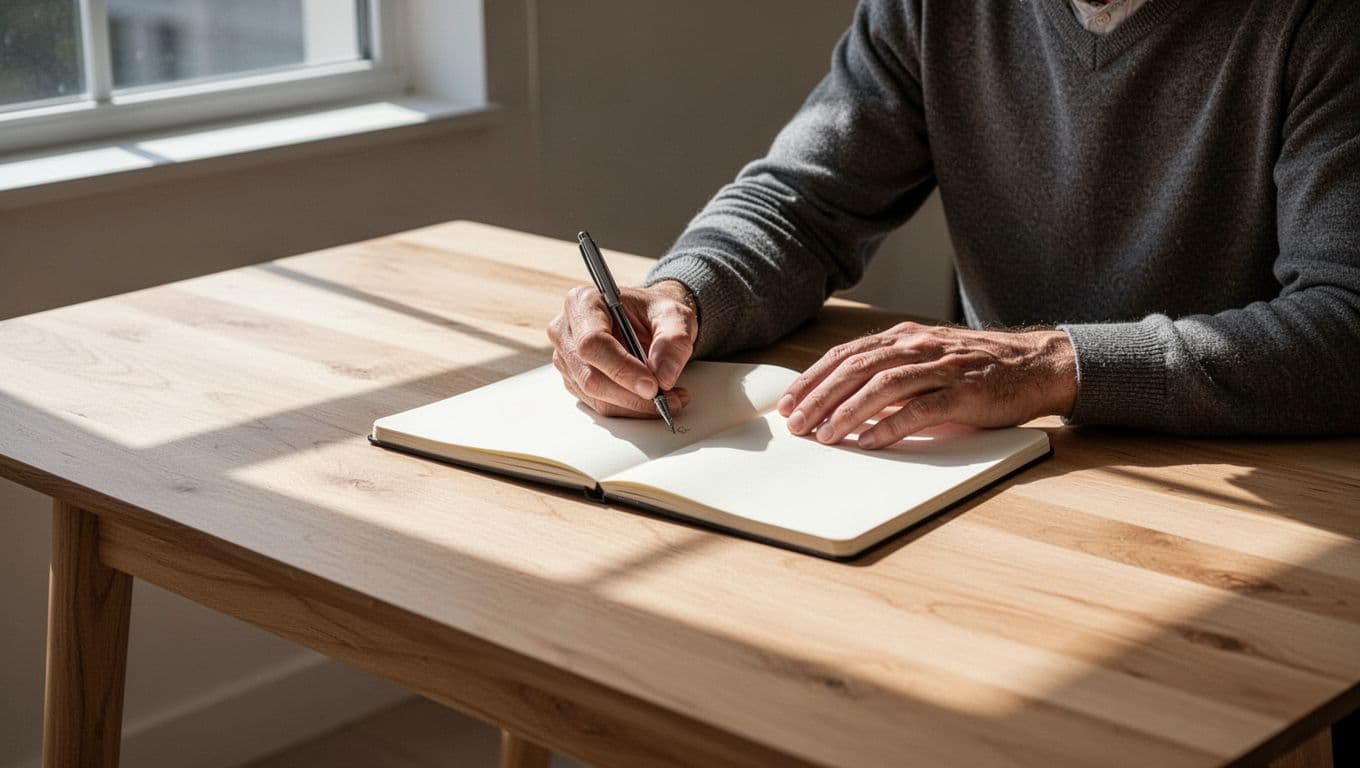 A person sits at a light wood table, focused on writing a handwritten credit plan in a crisp notebook. Sunlight from a side window casts soft, clean shadows across the minimalist surface.