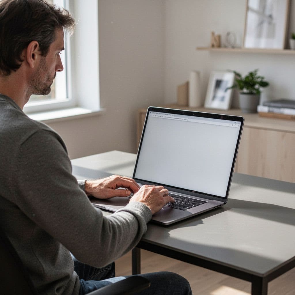 A person sits at a clean, minimalist home office desk typing on a laptop in bright natural light.