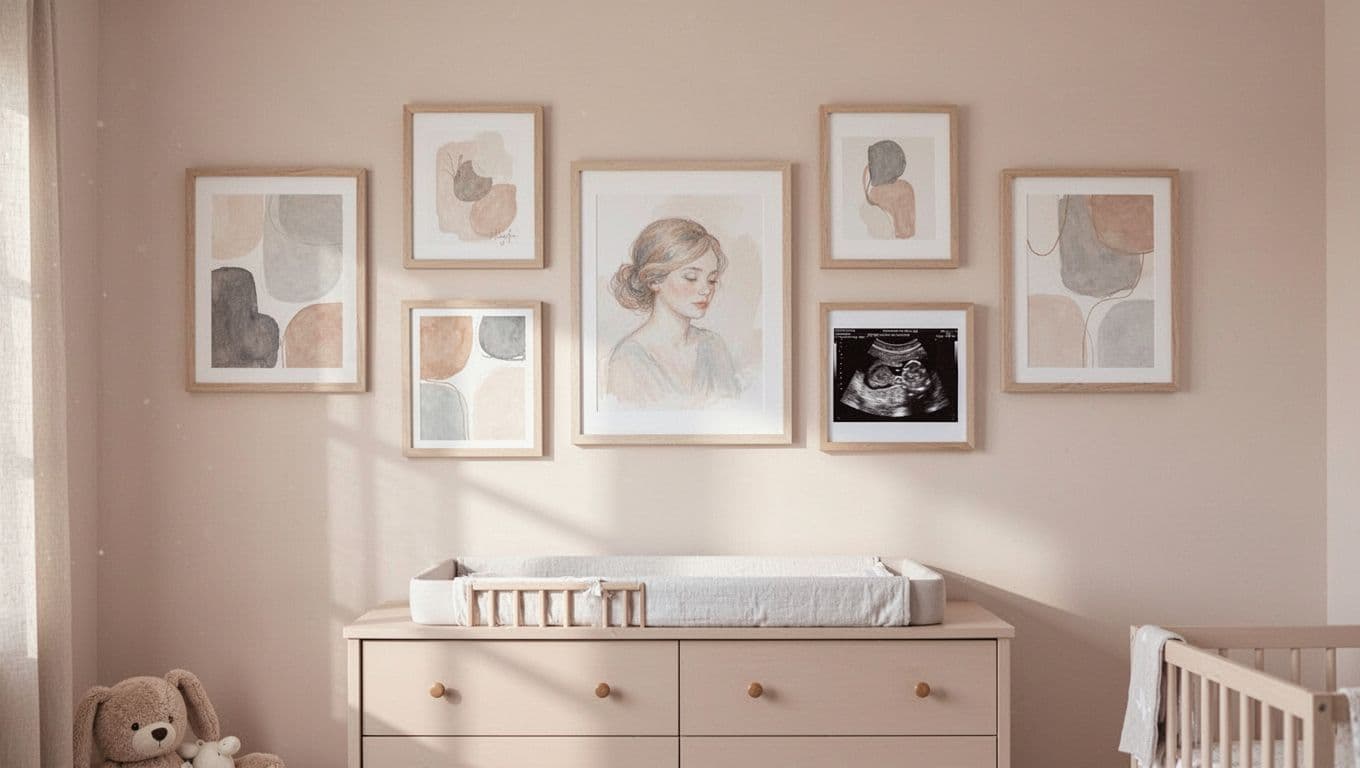 Sweet baby nursery gallery wall with a mix of 5-7 framed prints including baby name art, family photo, and ultrasound print in cohesive neutral frames, above a dresser or crib with soft lighting and calm colors.