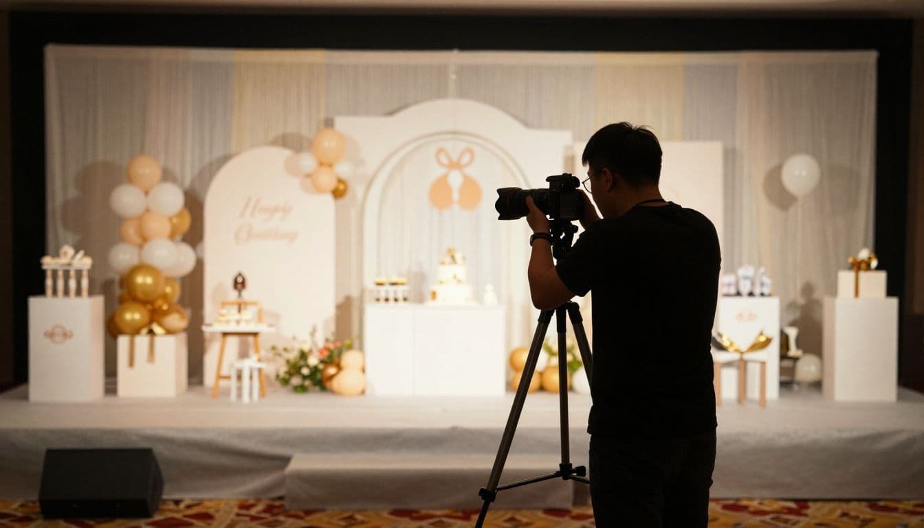 A tripod stands before an elegant baby shower stage featuring floral decorations and golden accents. The warm ambient lighting illuminates the fabric backdrops while highlighting the professional framing equipment setup.