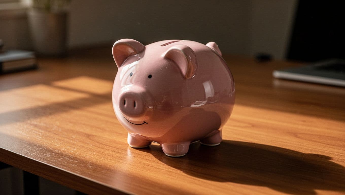 A solitary ceramic piggy bank rests upon a polished wooden desk surface. Dramatic side lighting casts deep, cinematic shadows across the workspace, creating a warm and professional financial planning atmosphere.