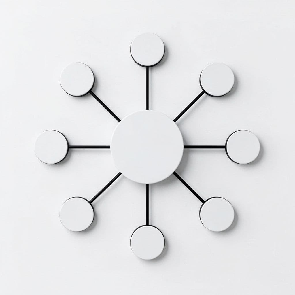 Central node connects by black lines to surrounding smaller nodes on white background.