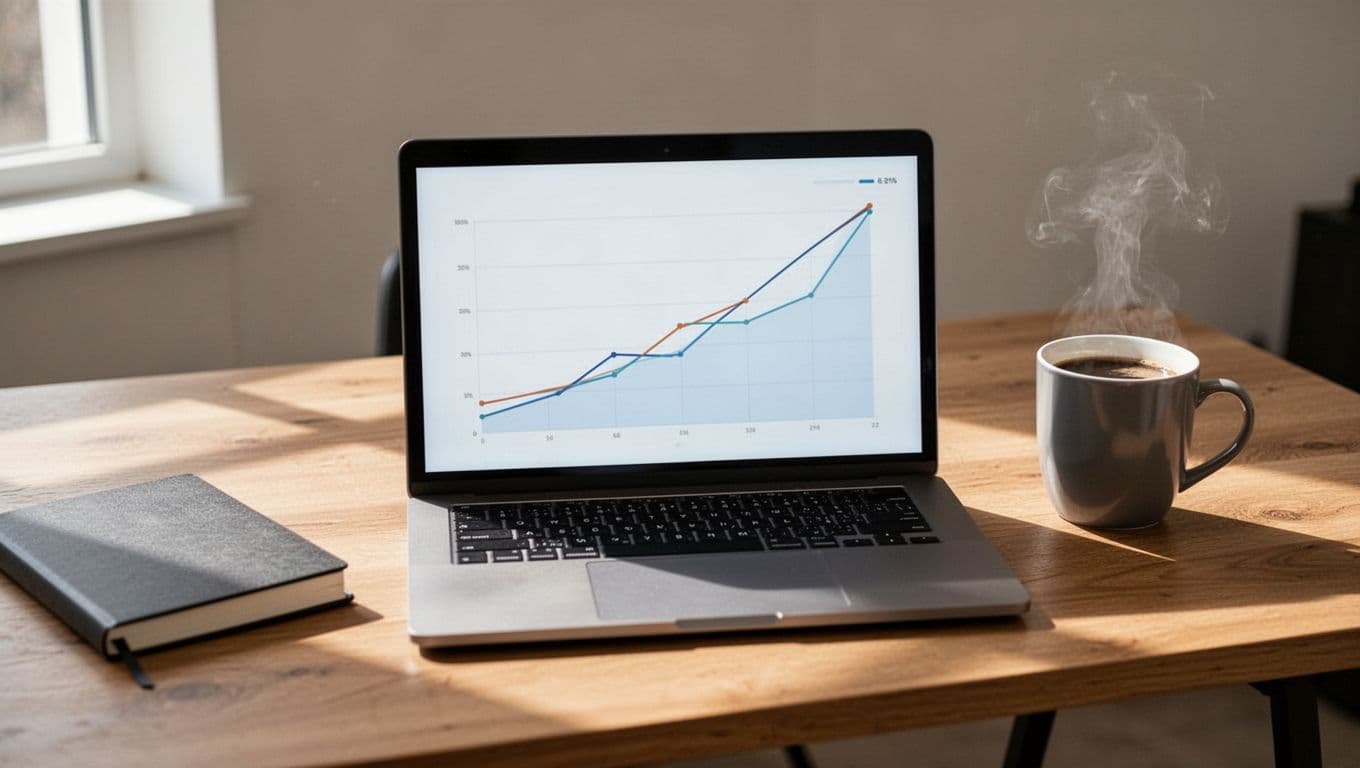 Laptop on wooden desk shows Pinterest analytics dashboard with low initial metrics then steady growth; notebook and coffee nearby.