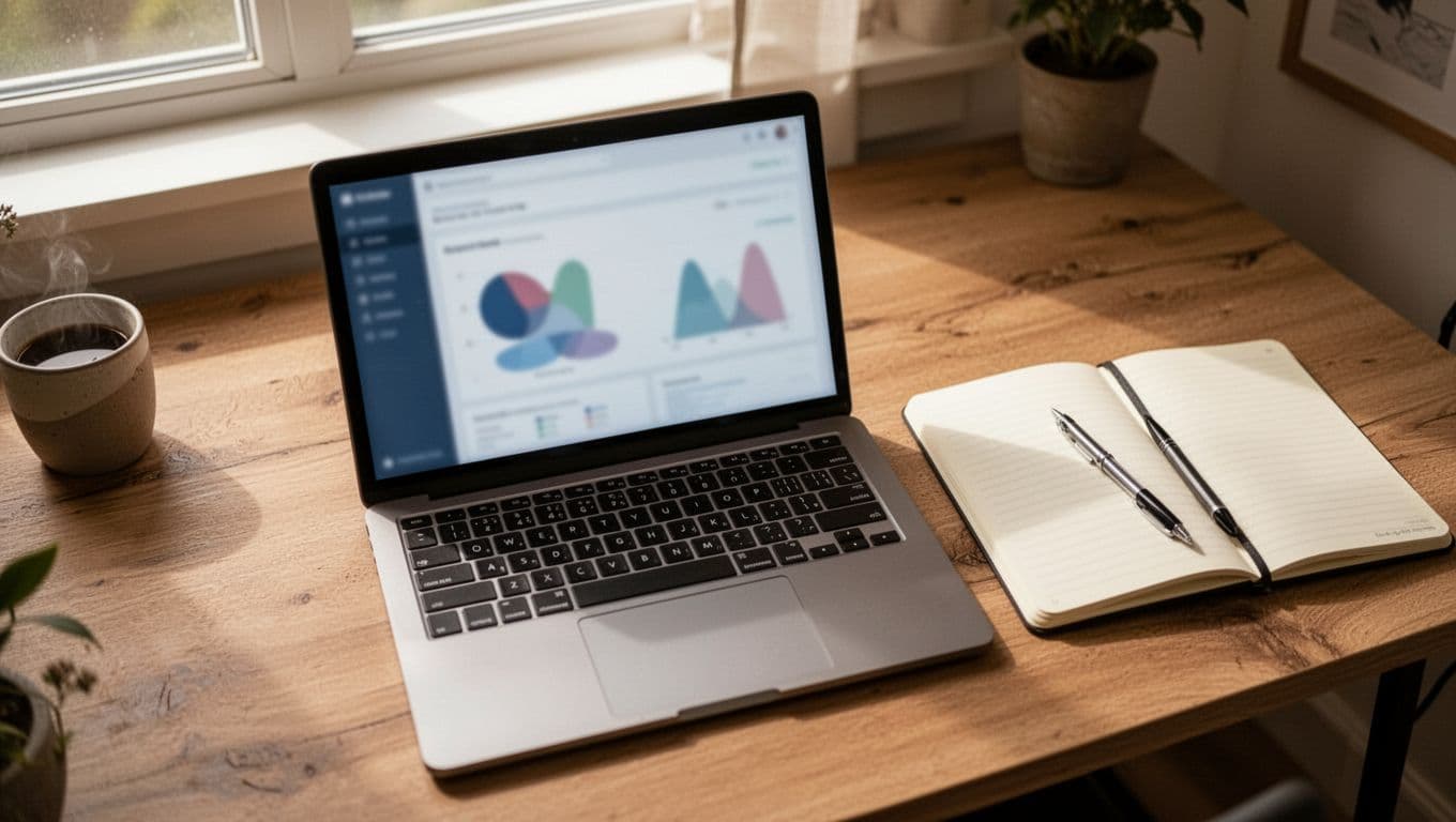 Top view of laptop on desk showing blurred Pinterest analytics charts with impressions clicks saves, notebook and pen nearby.