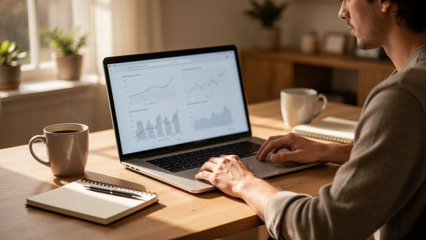 Focused person at tidy desk reviews blurred Pinterest analytics charts on laptop, coffee mug and notebook nearby in cozy office.