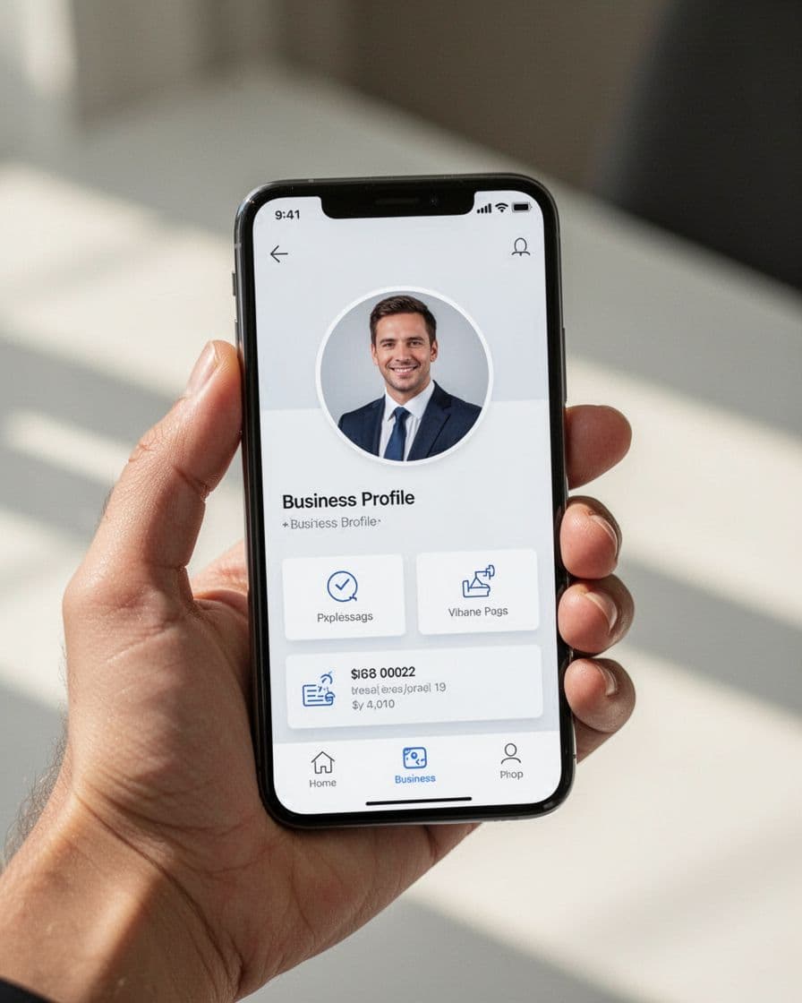 Hand holds smartphone displaying Pinterest business profile with smiling headshot, budget tips username, bio, and website link.