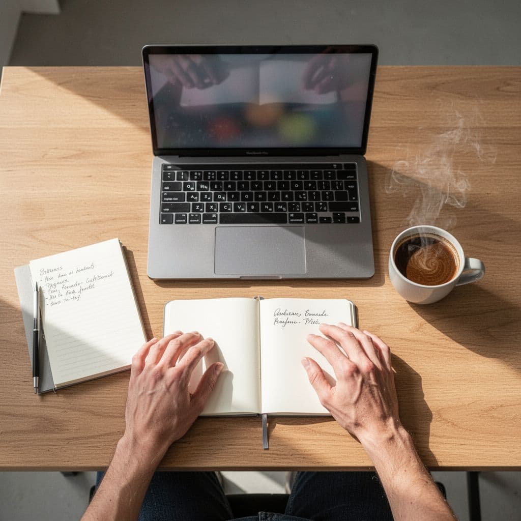 Hands rest on a minimalist desk beside a laptop, notebook, and coffee during keyword research.