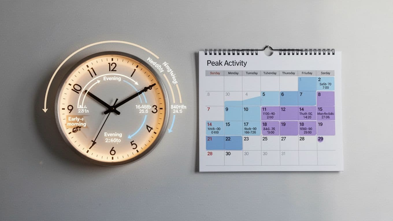 Clock and weekly calendar side by side highlight peak times: 8-11 PM evenings, 2-4 AM early mornings, 10 AM-1 PM mid-mornings for weekdays and weekends.