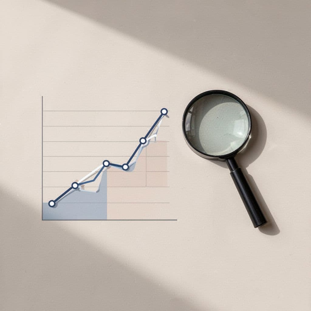 A minimalist graphic displays a line chart trending downward beside a stylized magnifying glass icon.