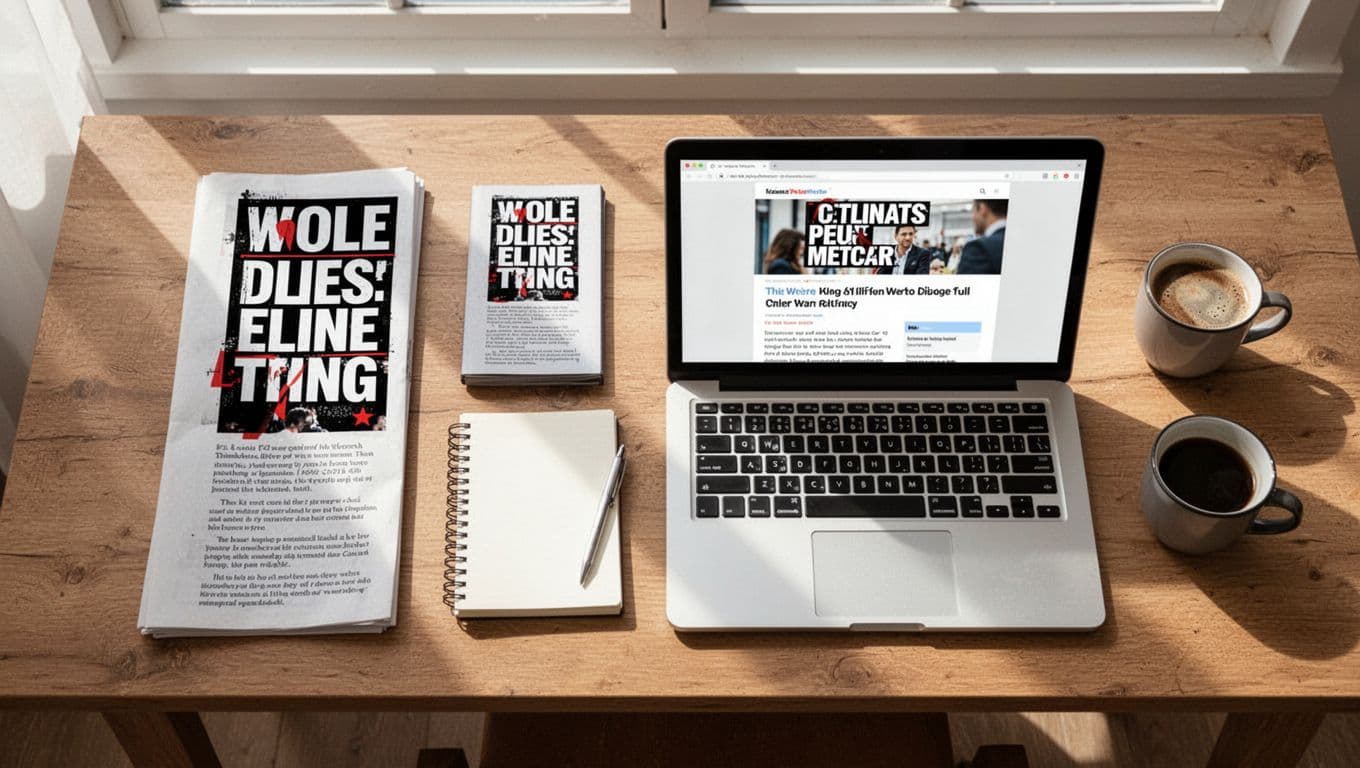 Desktop view shows printed vertical Pinterest pin mockup left, laptop with matching blog headline right, notebook and coffee mug on wooden surface.