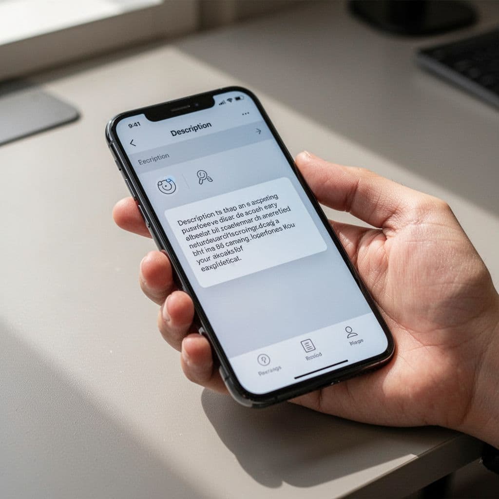 A hand holds a smartphone displaying a clean Pinterest pin interface on a neutral desk surface.