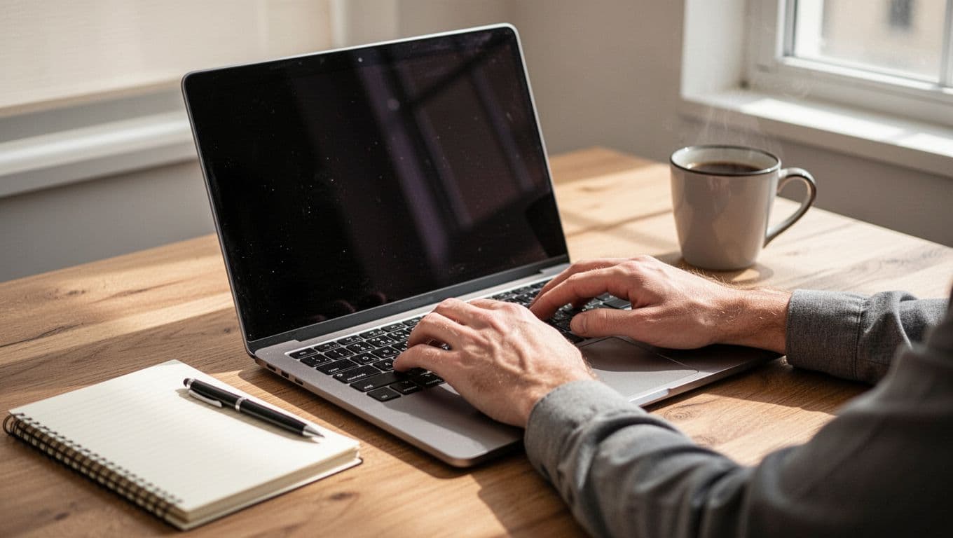 Laptop on wooden desk displays Pinterest pin editor with hands typing on keyboard; notebook and coffee mug nearby.