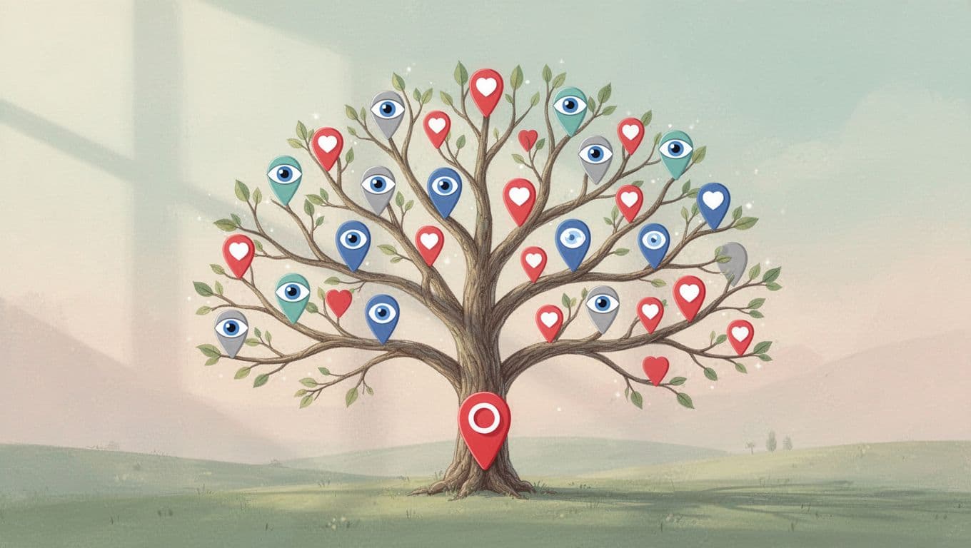 Tree-like graph shows initial pin branching into more pins with eye and heart icons over time.