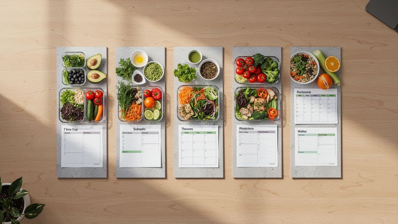 Top view of five vertical Pinterest pin mockups on light wooden desk, showing colorful meal prep variations with kitchen ingredients and planners.