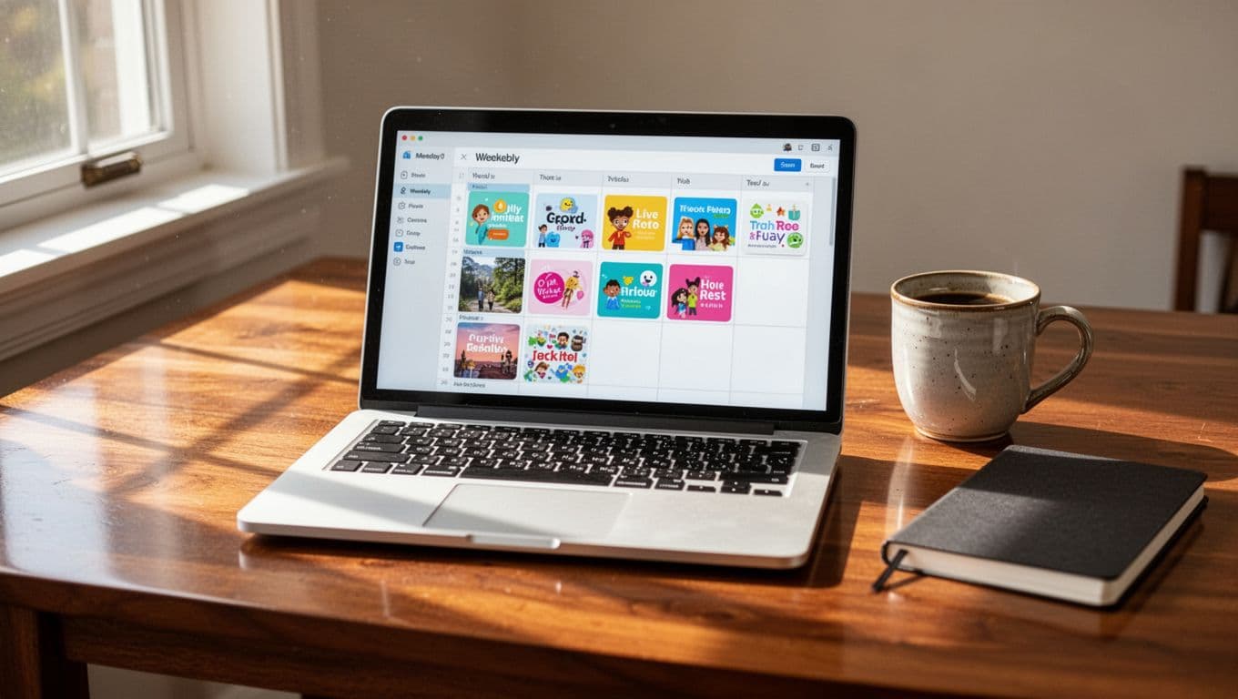 Laptop on wooden desk shows scheduling calendar with queued Pinterest pins, coffee mug and notebook beside it.