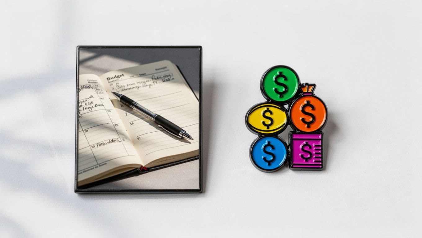 Two vertical Pinterest pins side by side on white background: left closeup budget notebook with pen, right money-saving infographic icons.