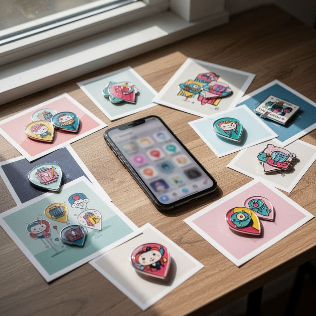 A smartphone rests on a wooden desk surrounded by vibrant, aesthetic printed pin designs.