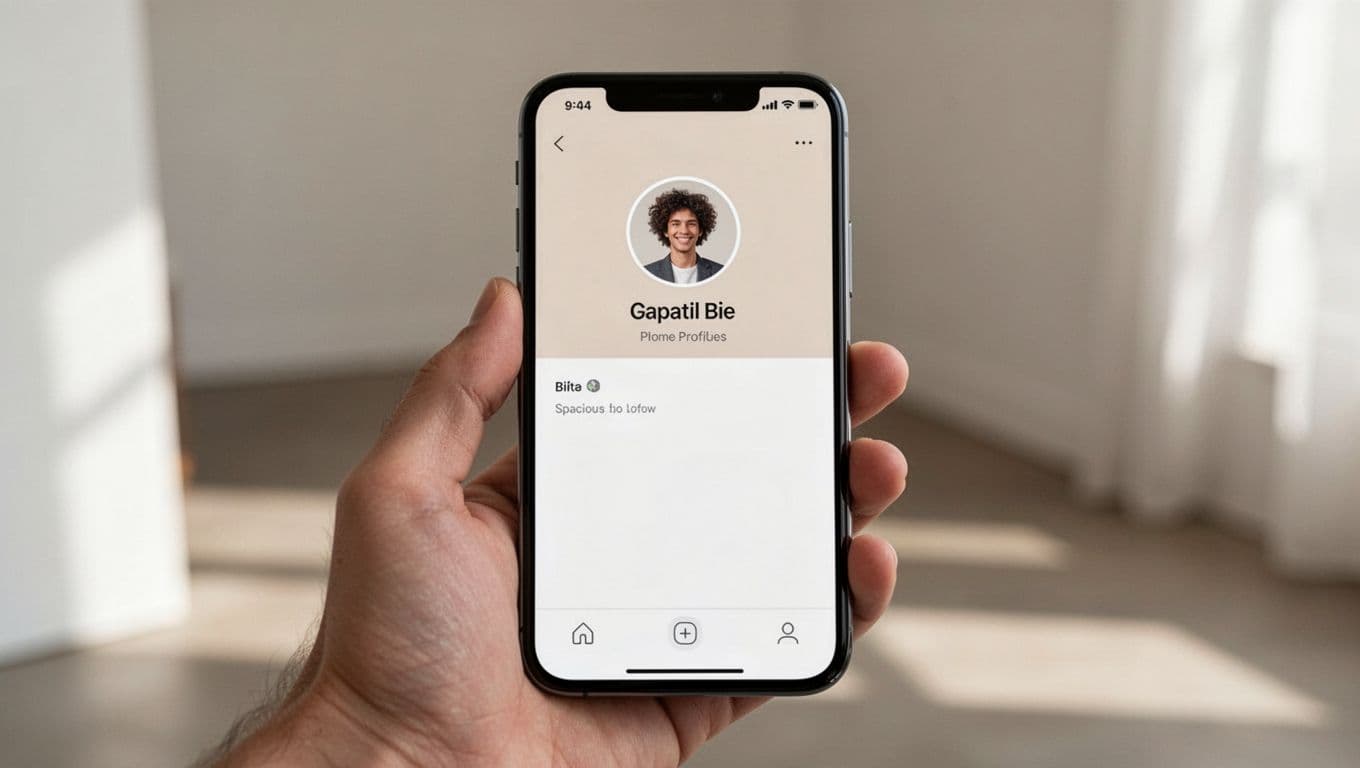 A close-up view of a hand-held mobile phone displaying a clean, minimalist Pinterest profile interface.