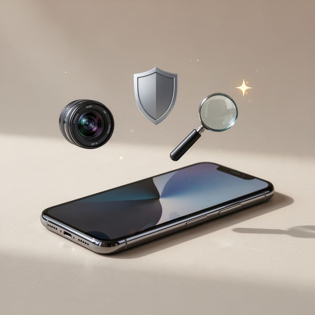 Four conceptual icons representing camera, shield, magnifying glass, and spark hover above a smartphone screen.